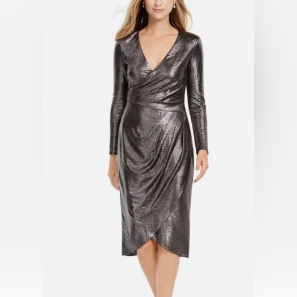 Adrianna Papell Silver Long Sleeve Plunge Sheath Dress